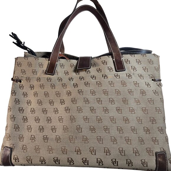Dooney & Bourke Signature Monogram Tote Bag With Leather Trim Beige/Brown - Picture 1 of 14